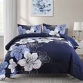 Premium Navy Blue Floral 3 Piece Microfiber Comforter Set - King
