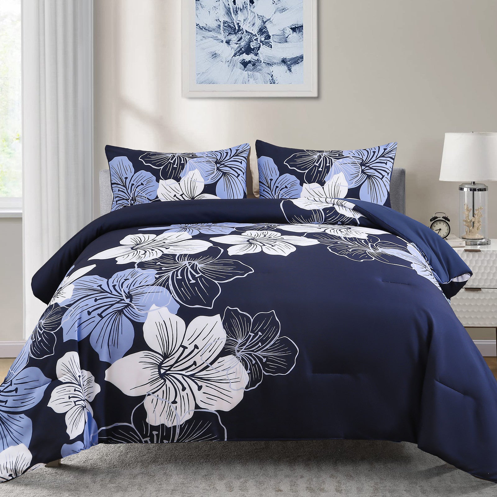 Premium Navy Blue Floral 3 Piece Microfiber Comforter Set - King
