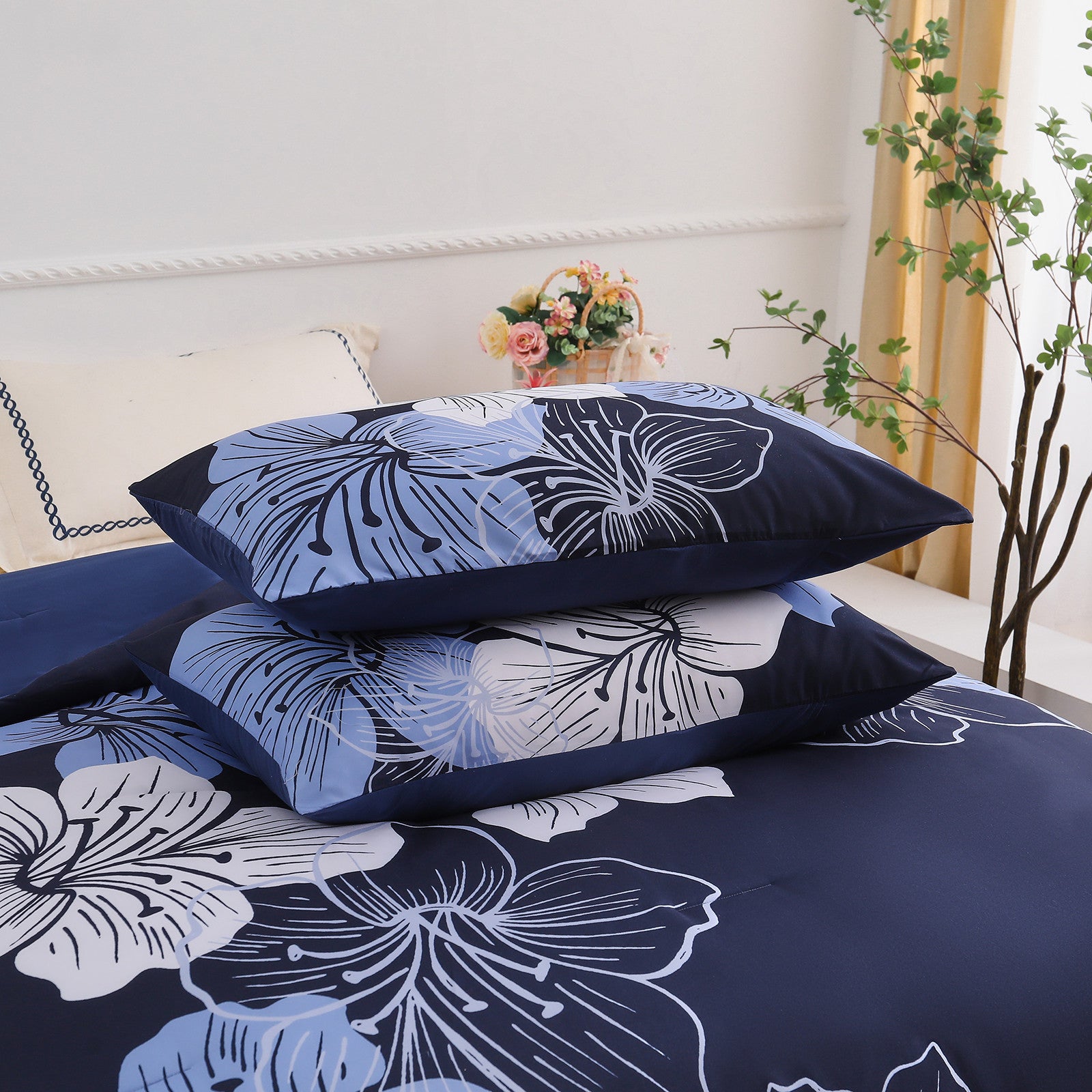Premium Navy Blue Floral 3 Piece Microfiber Comforter Set - King