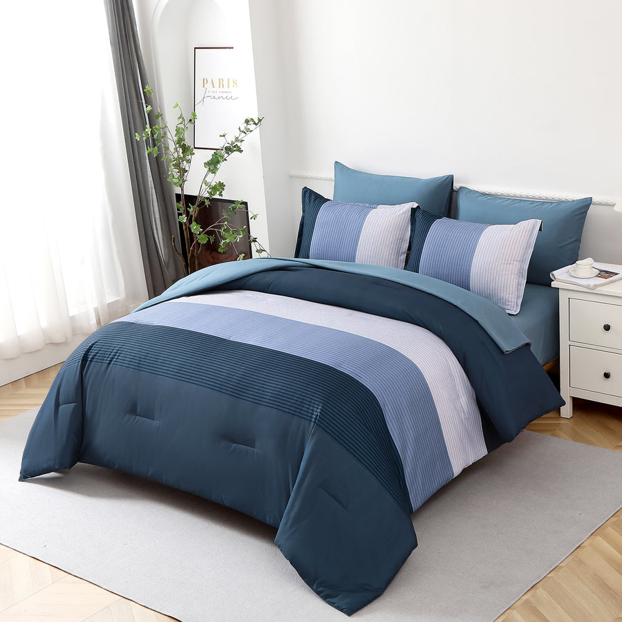 Premium Navy Blue Striped 3 Piece Microfiber Comforter Set - King