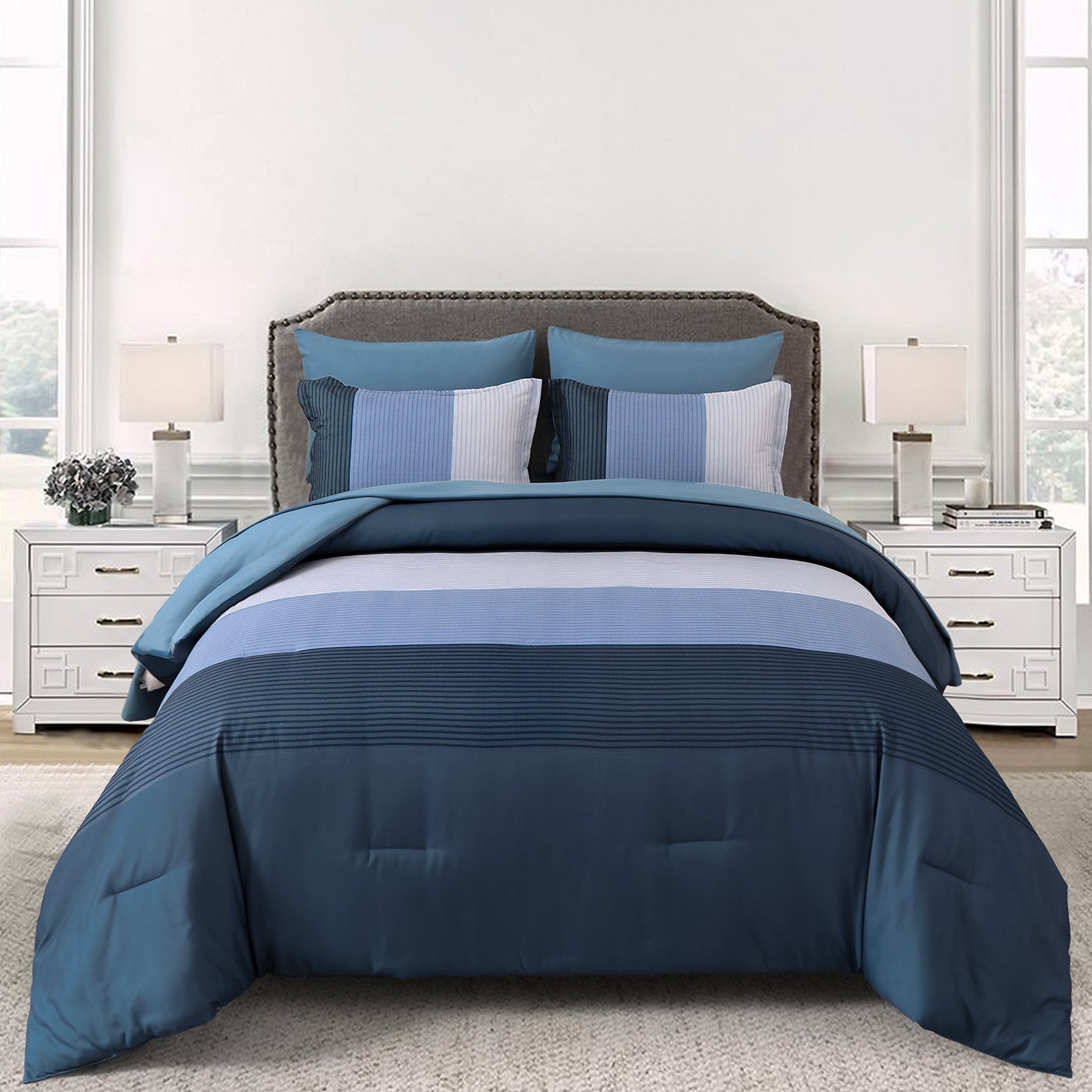 Premium Navy Blue Striped 3 Piece Microfiber Comforter Set - King