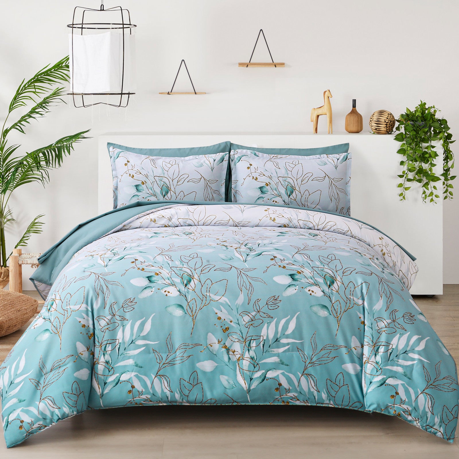 Premium Soft Floral Leaf 3 Piece Microfiber Comforter Set - King