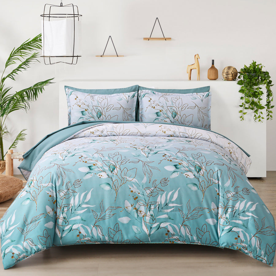 Premium Soft Floral Leaf 3 Piece Microfiber Comforter Set - King