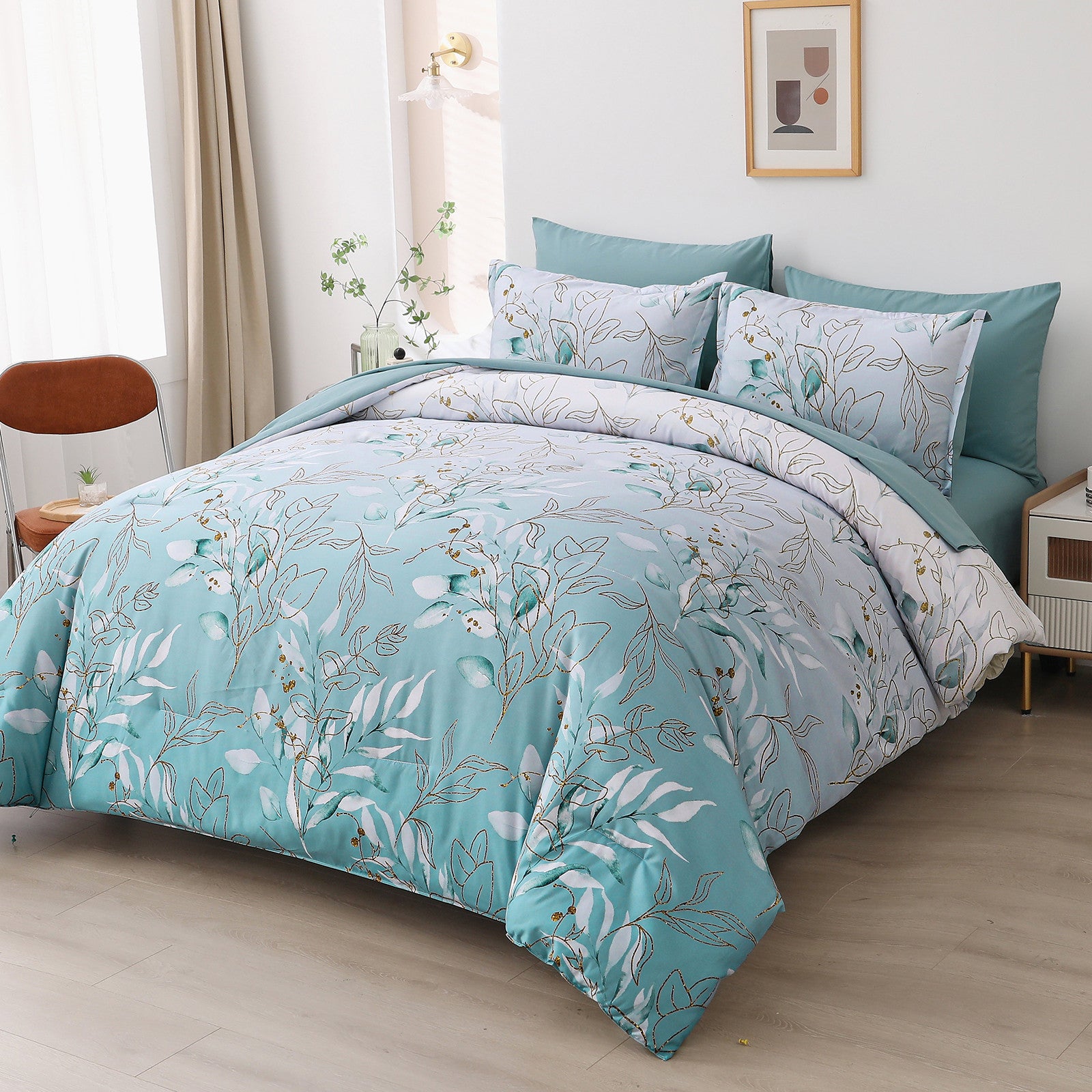 Premium Soft Floral Leaf 3 Piece Microfiber Comforter Set - King