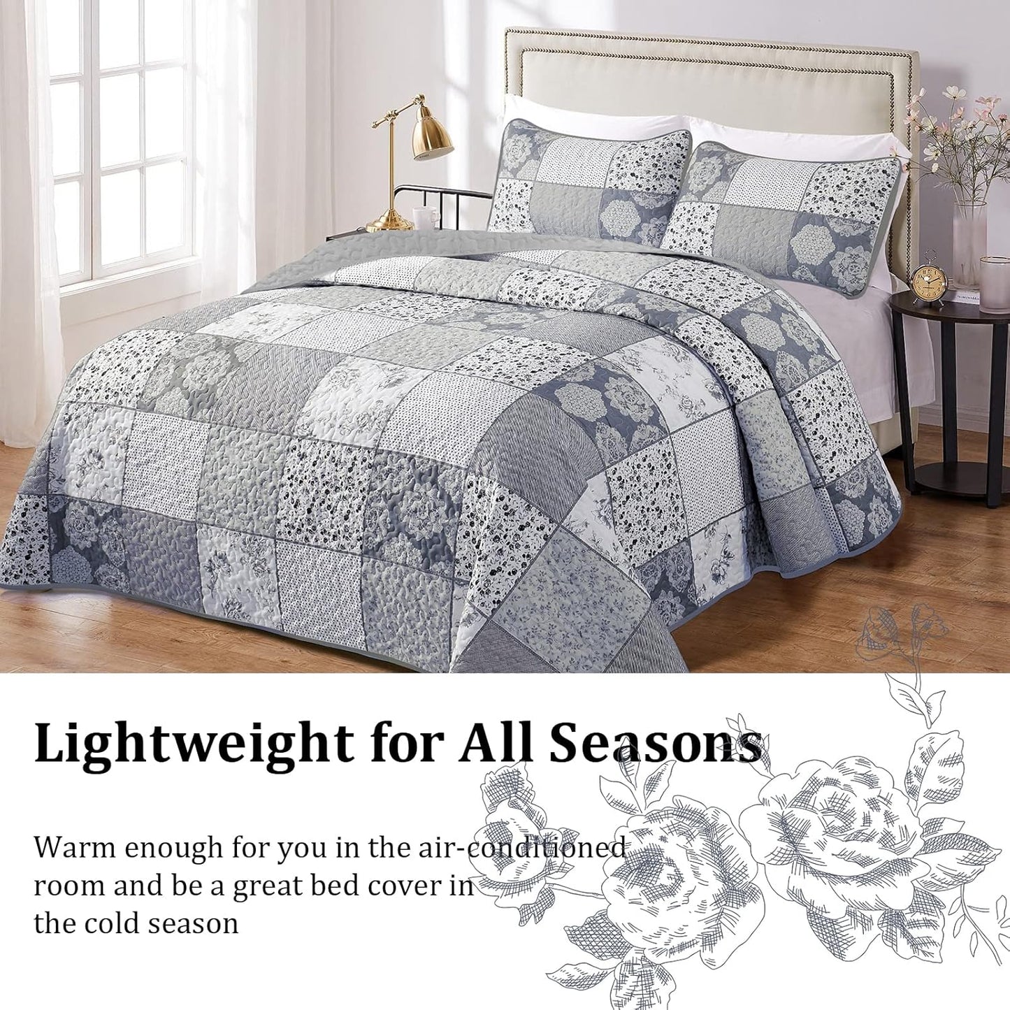 3-Piece Quilt Bedspread Set Queen Size - Lightweight Reversible Coverlet