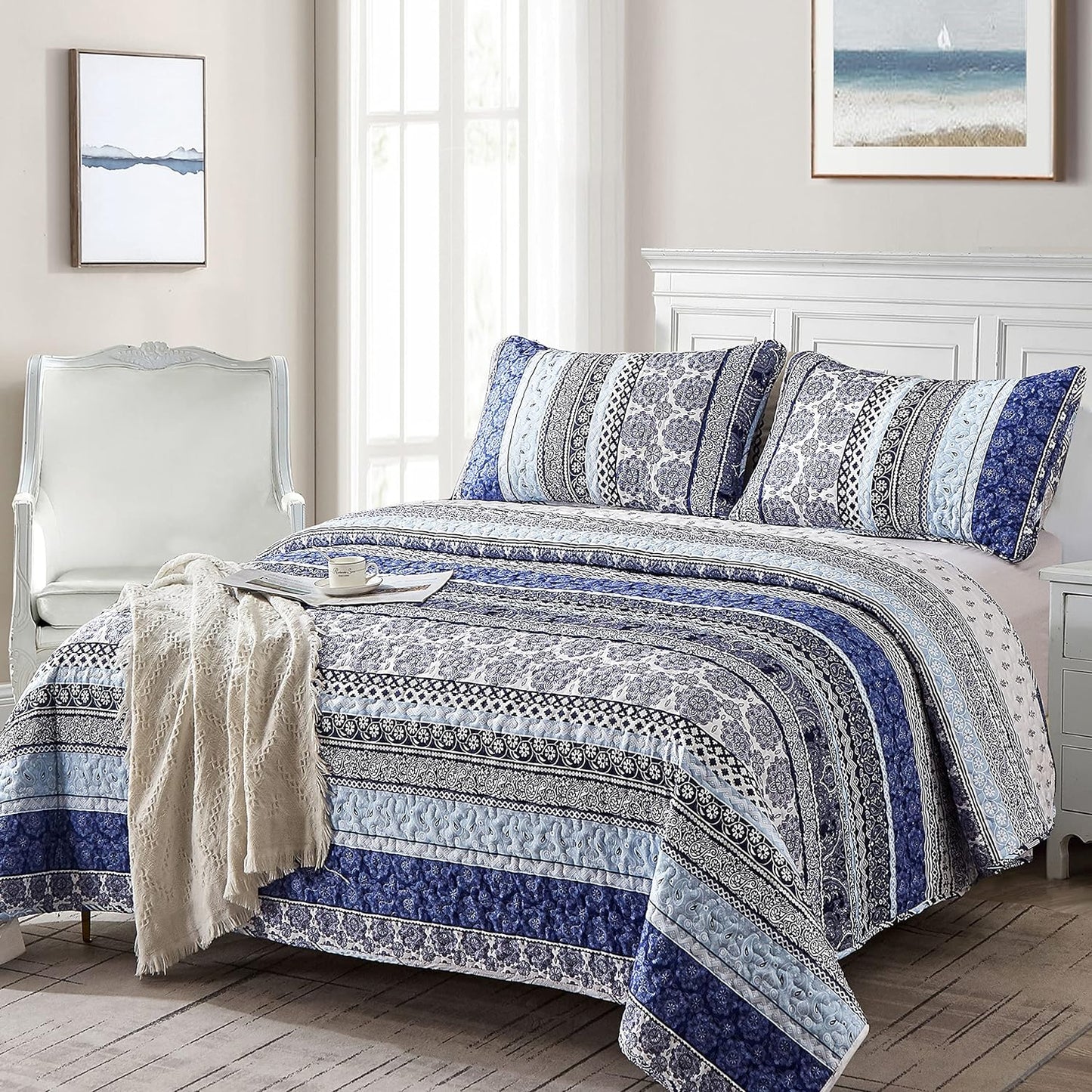 3-Piece Quilt Bedspread Set Queen Size Coverlet Lightweight Reversible