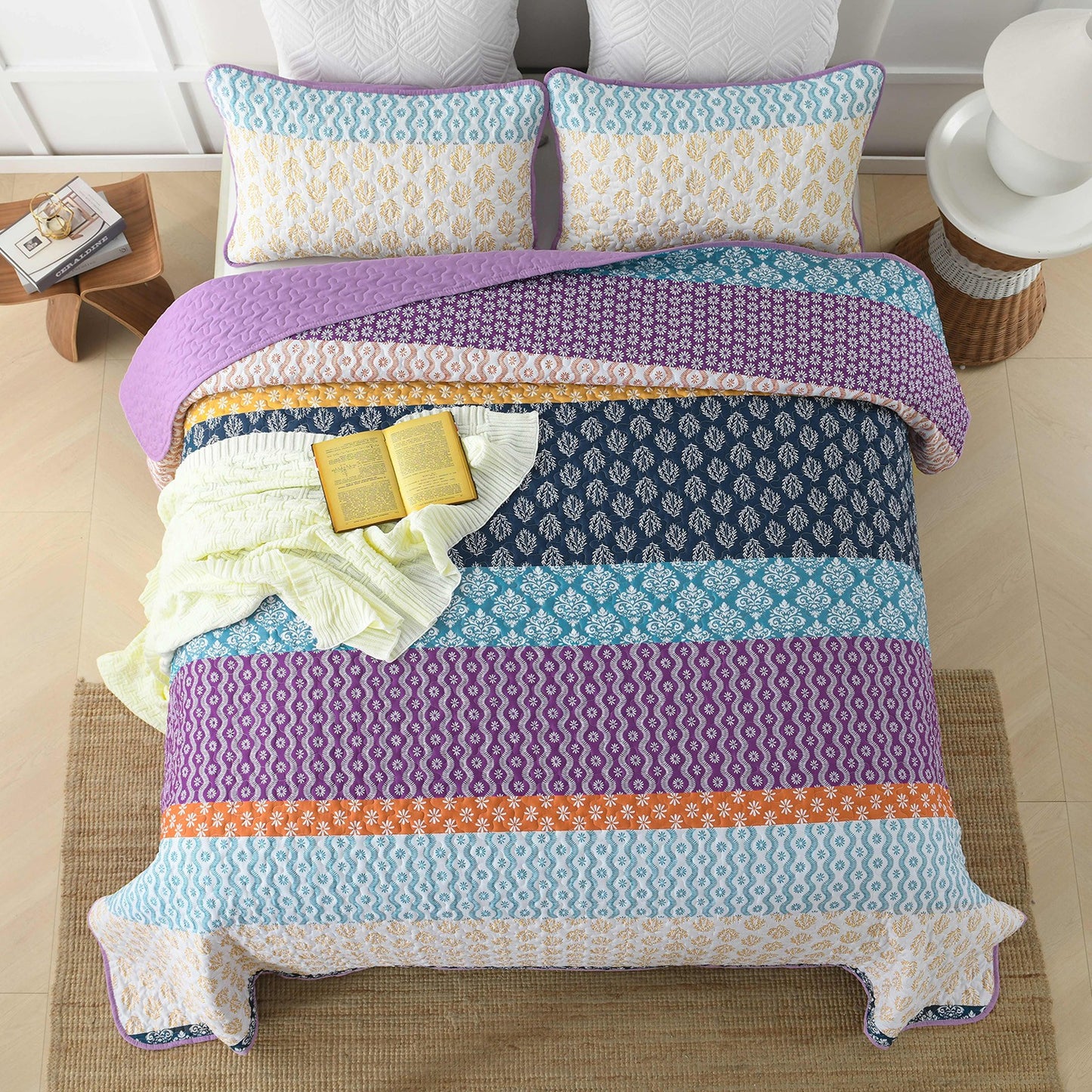 3-Piece Quilt Bedspread Set Queen Size Lightweight Reversible Polyester