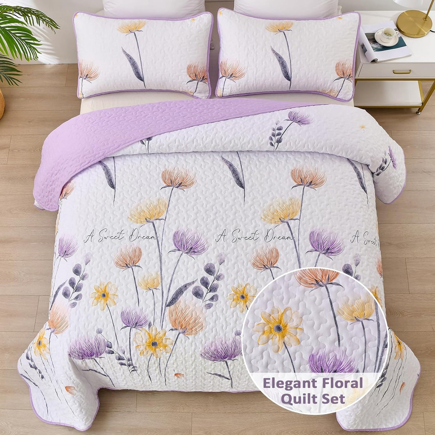 3-Piece Quilt Bedspread Set Queen Size Lightweight Reversible Polyester