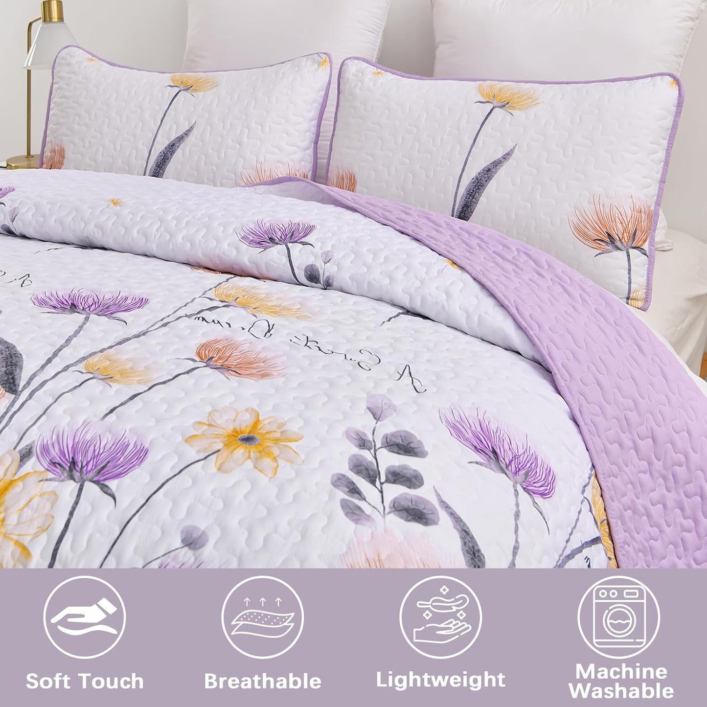 3-Piece Quilt Bedspread Set Queen Size Lightweight Reversible Polyester