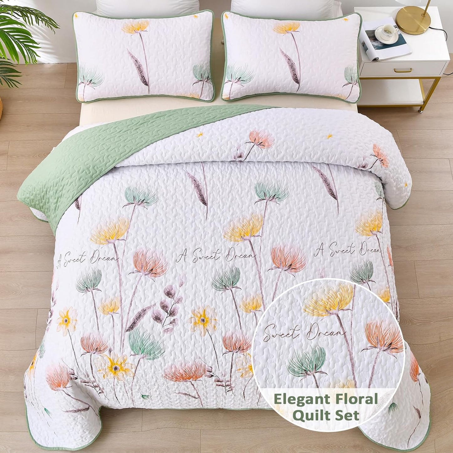 3-Piece Quilt Bedspread Set Queen Size Lightweight Reversible Polyester