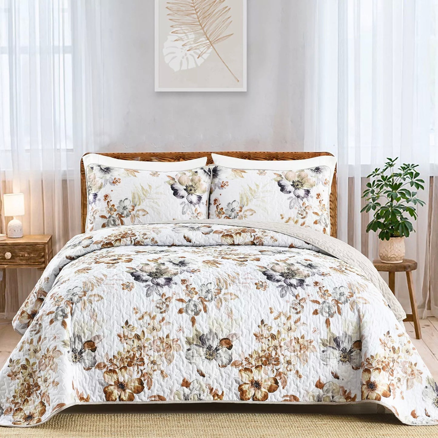 3-Piece Quilt Bedspread Set Queen Size Lightweight Reversible Polyester
