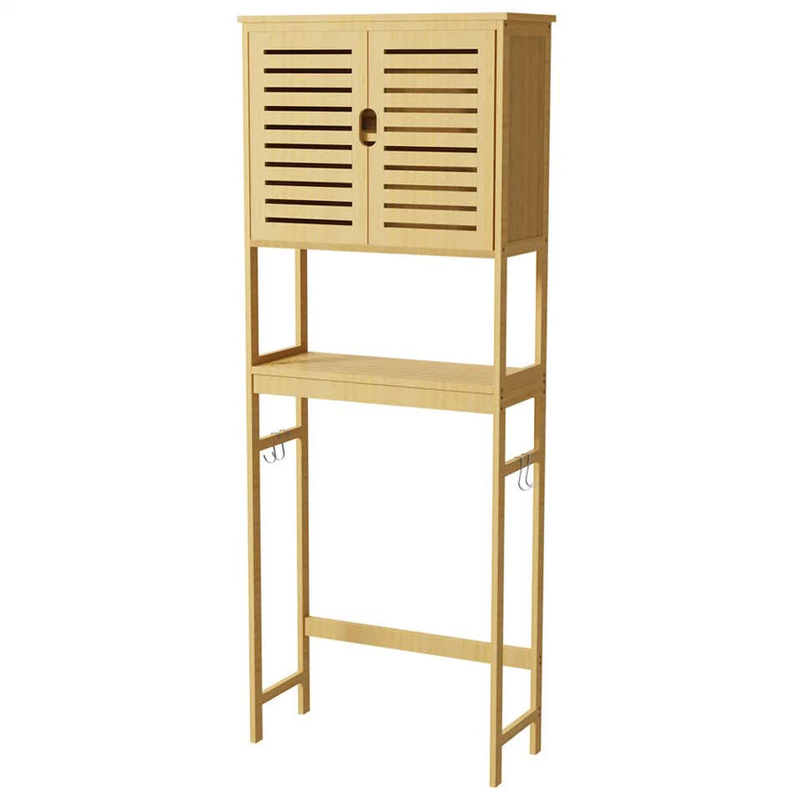 4 Tier Bamboo Over Toilet Bathroom Storage Rack with Cabinet Doors and Shelves
