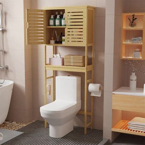 4 Tier Bamboo Over Toilet Bathroom Storage Rack with Cabinet Doors and Shelves