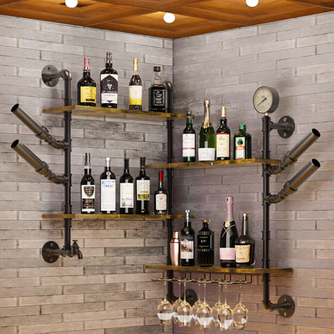 Premium Industrial Pipe Wine Rack Floating Shelf with Glass Holder