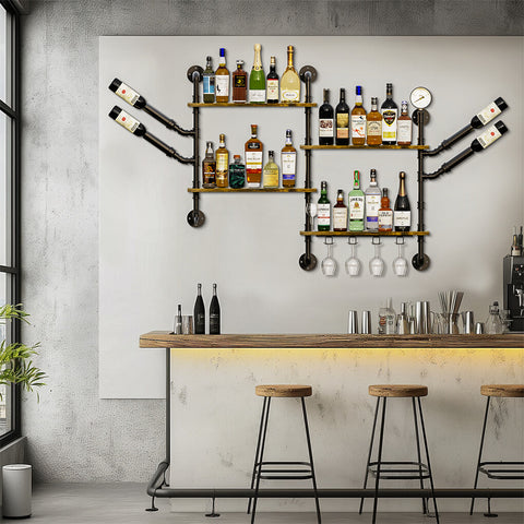 Premium Industrial Pipe Wine Rack Floating Shelf with Glass Holder