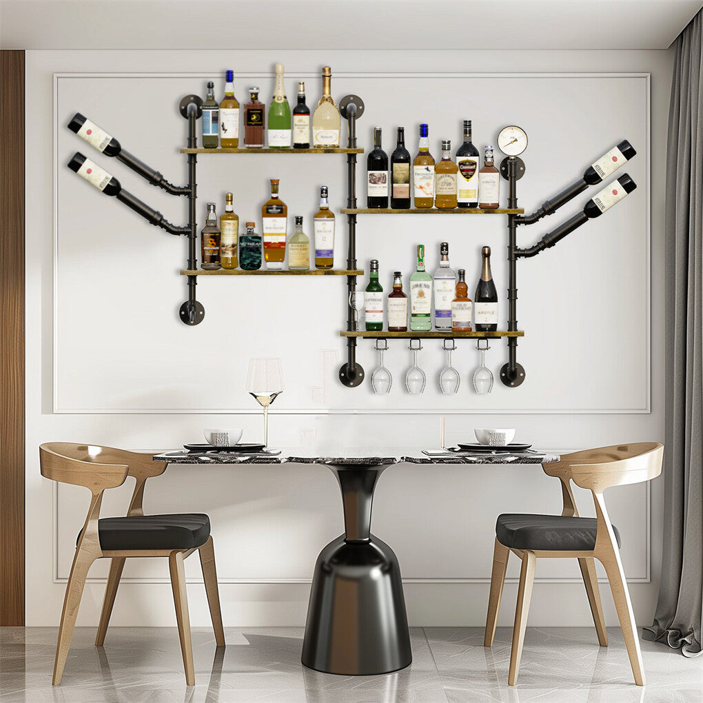 Premium Industrial Pipe Wine Rack Floating Shelf with Glass Holder