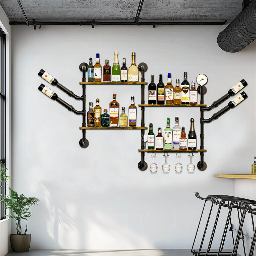 Premium Industrial Pipe Wine Rack Floating Shelf with Glass Holder