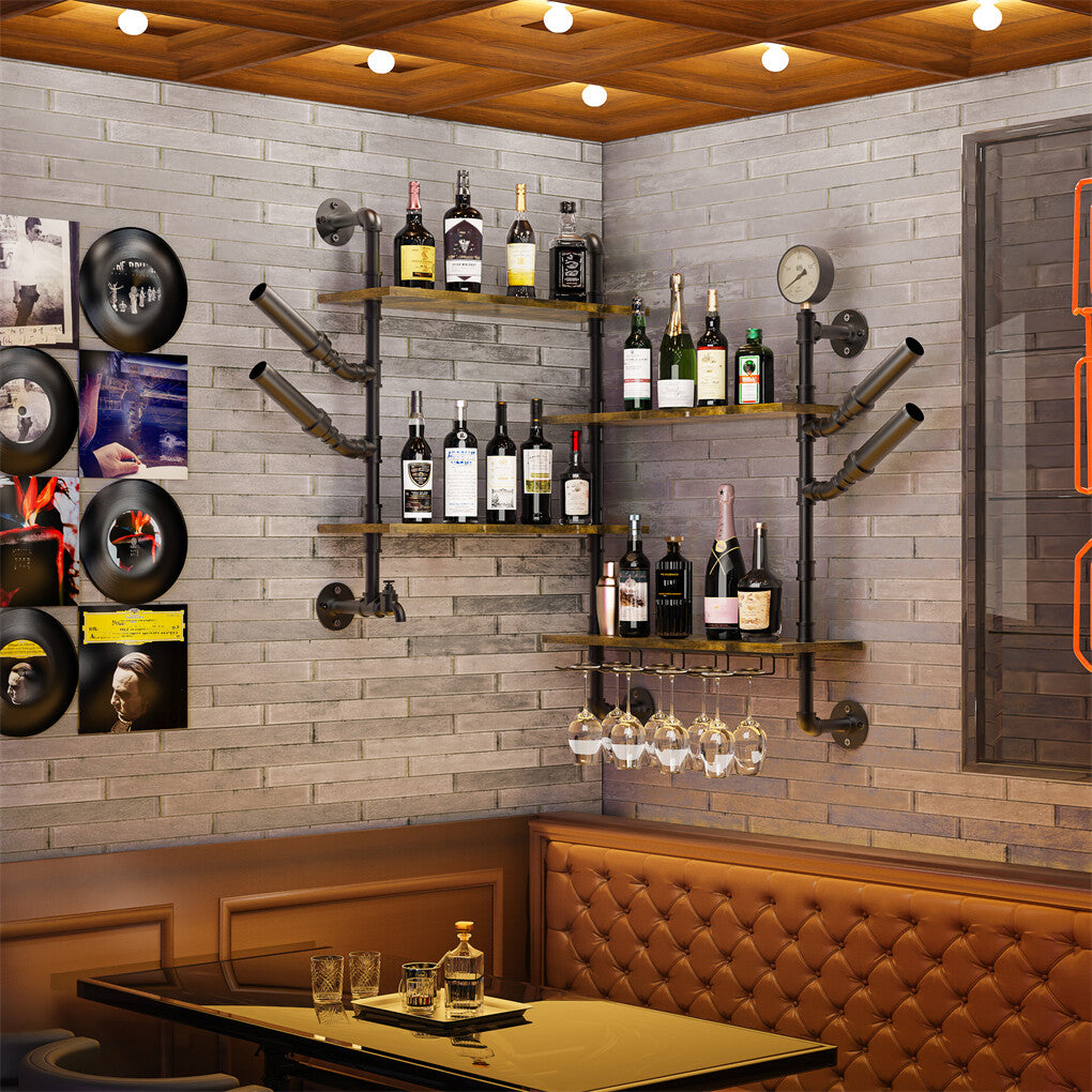 Premium Industrial Pipe Wine Rack Floating Shelf with Glass Holder