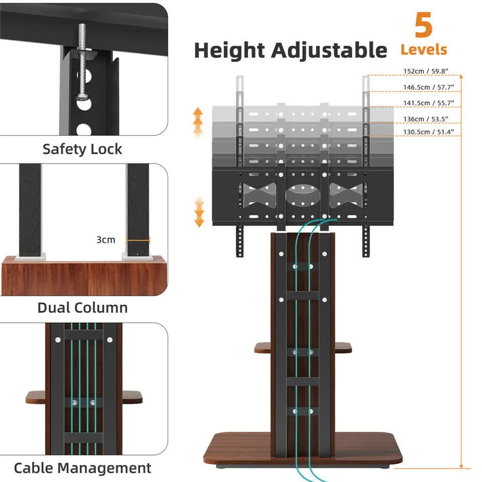 Premium Adjustable TV Floor Stand for 32-65 Inch TVs with Wood Shelves