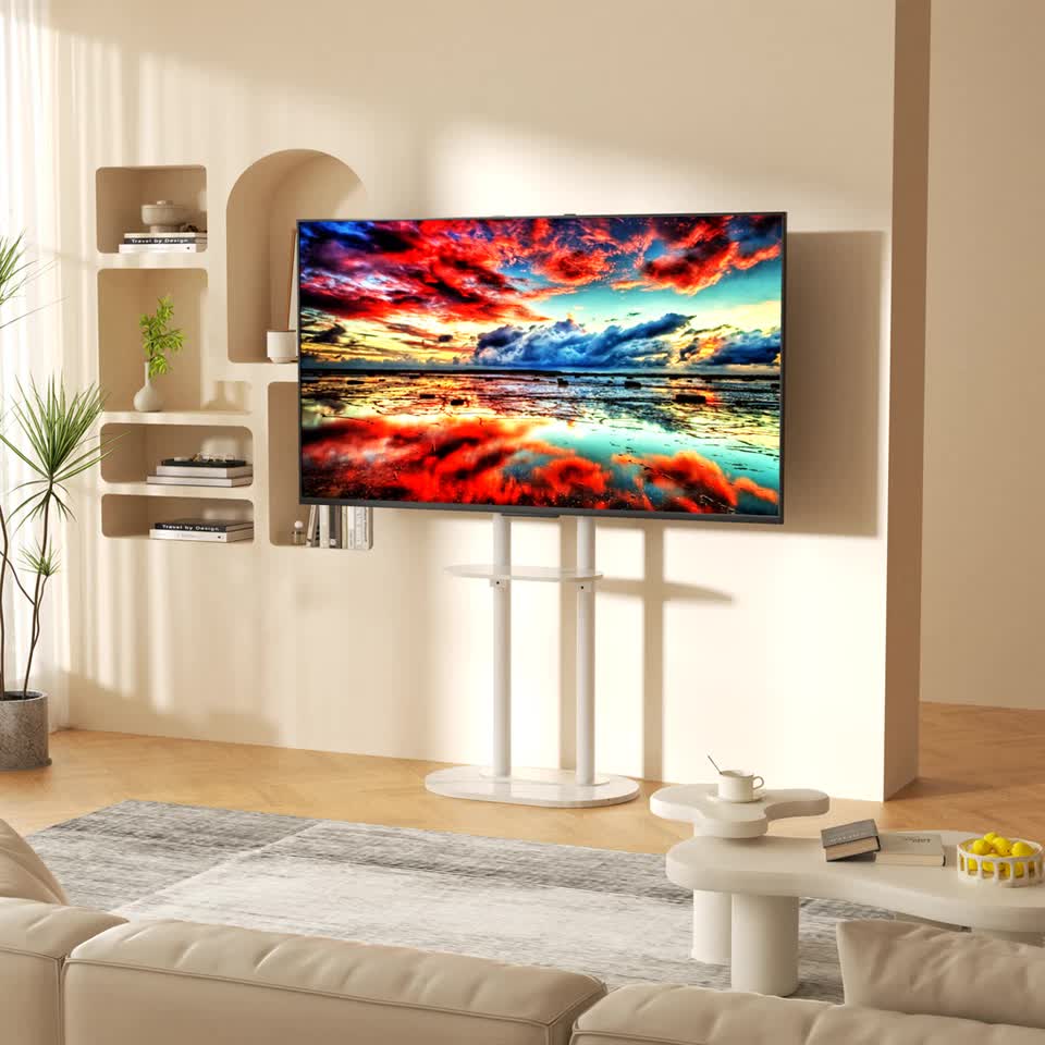 Premium White Marble Textured Floor TV Stand for 40-75 Inch TVs