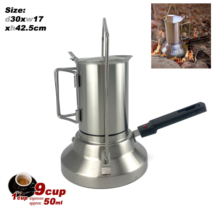 Premium 2 in 1 Stainless Steel Camping Moka Pot 9 Cup 600ml Kettle