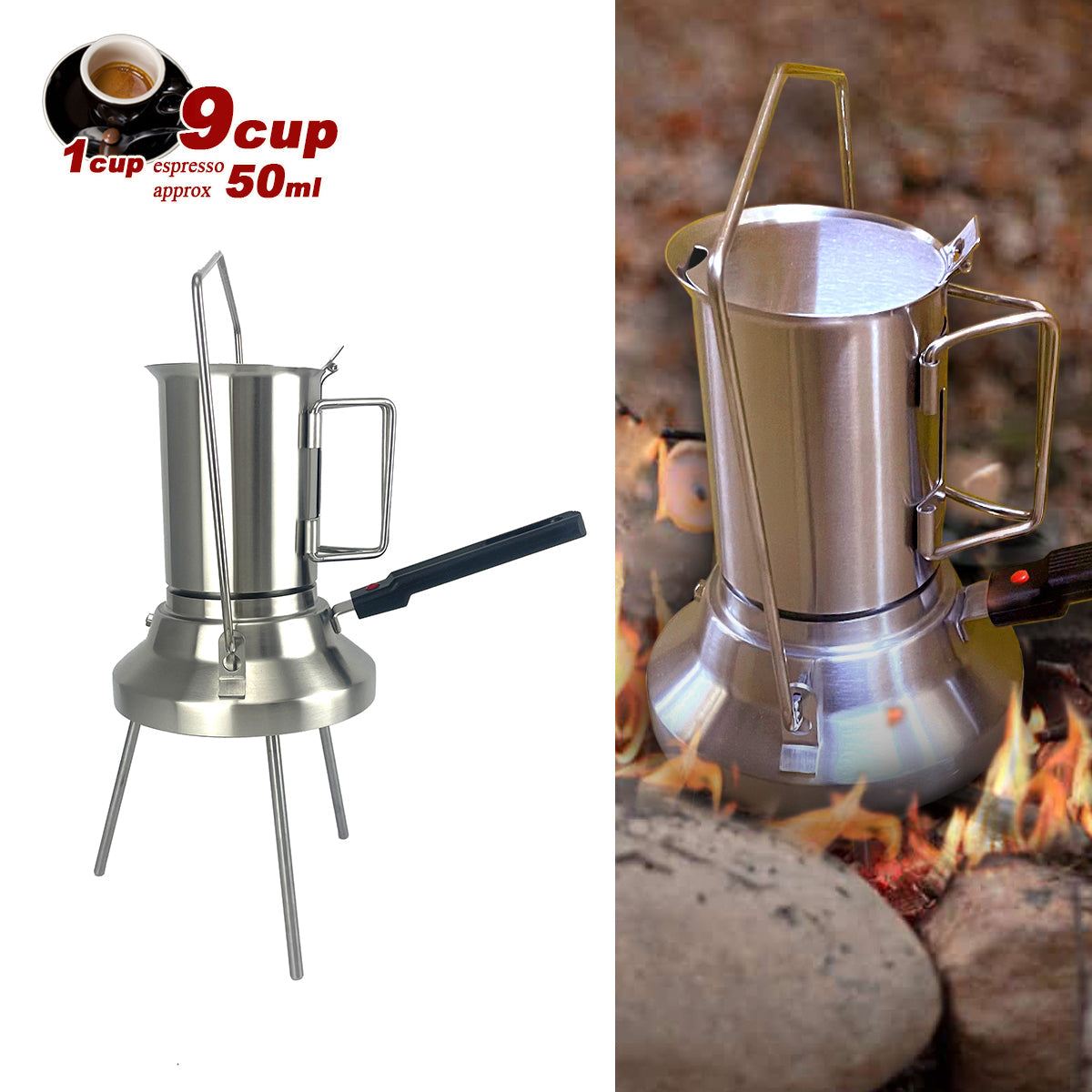 Premium 2 in 1 Stainless Steel Camping Moka Pot 9 Cup 600ml Kettle