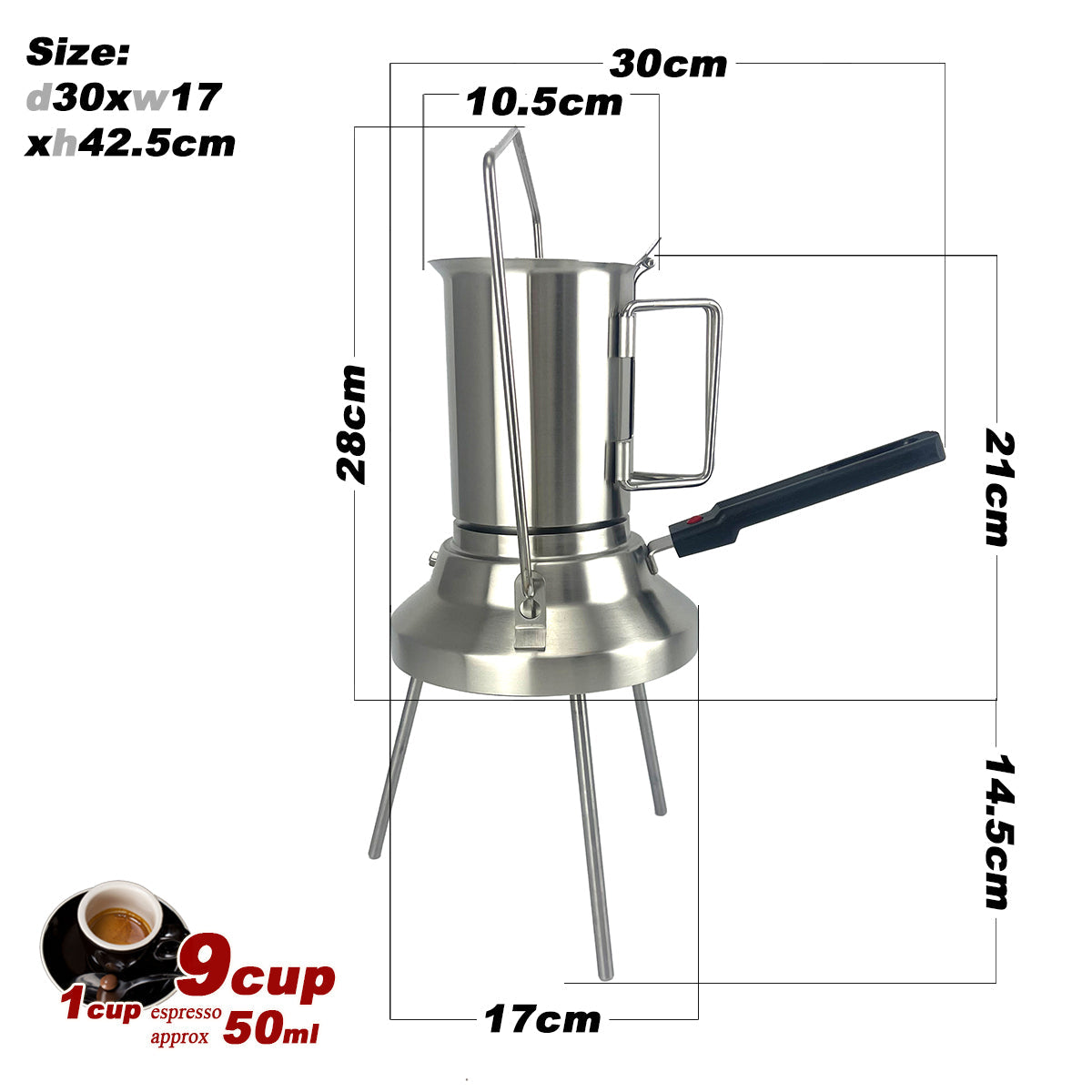 Premium 2 in 1 Stainless Steel Camping Moka Pot 9 Cup 600ml Kettle