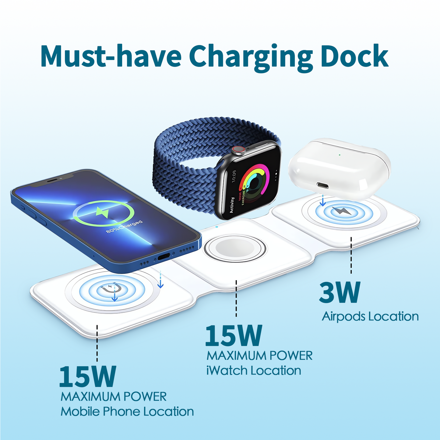 3-in-1 Wireless Charging Station with 15W Fast Charge for Apple Devices