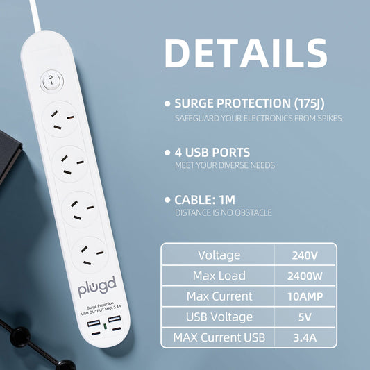 Plugd 4-Outlets Powerboard with 4 USB Ports & Surge Protection