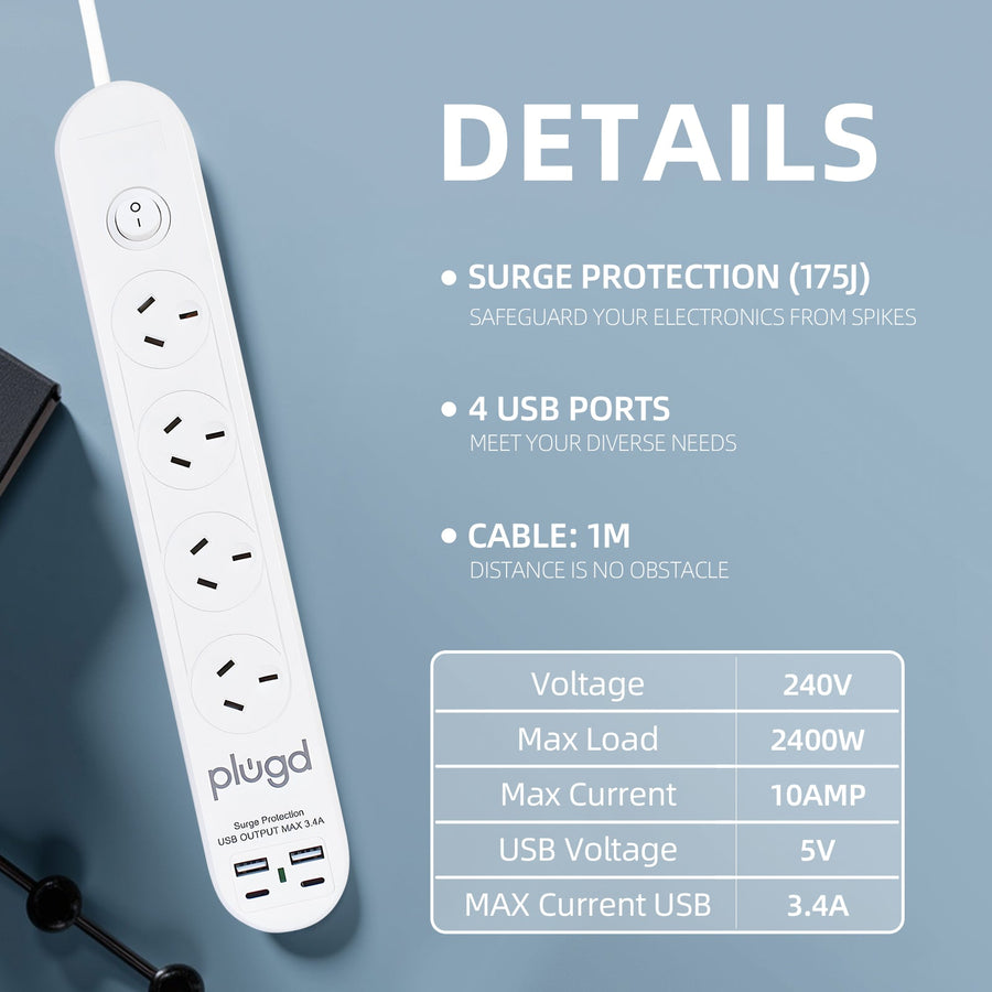 Plugd 4-Outlets Powerboard with 4 USB Ports & Surge Protection - SuperSaverAU - view 1