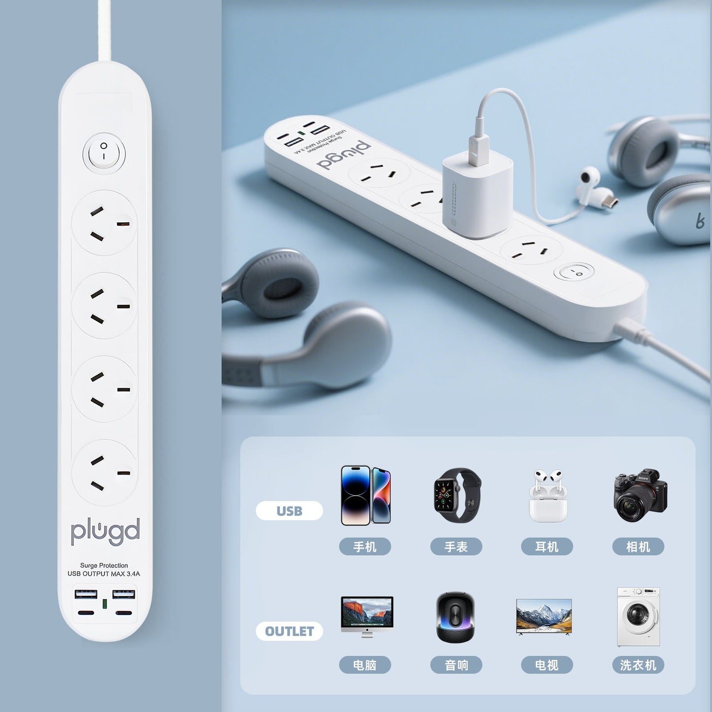 Plugd 4-Outlets Powerboard with 4 USB Ports & Surge Protection