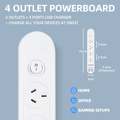 Plugd 4-Outlets Powerboard with 4 USB Ports & Surge Protection