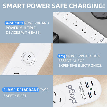 Plugd 4-Outlets Powerboard with 4 USB Ports & Surge Protection