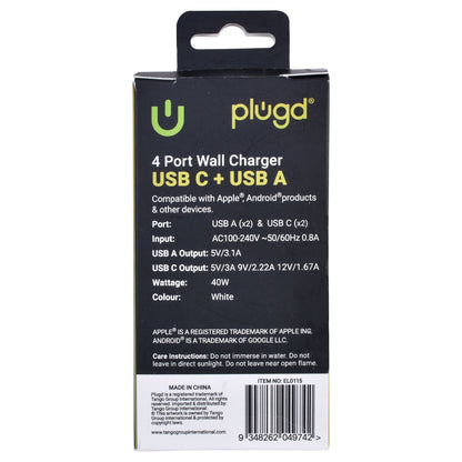 Compact 40W 4-Port Wall Charger USB C & A for Fast Charging