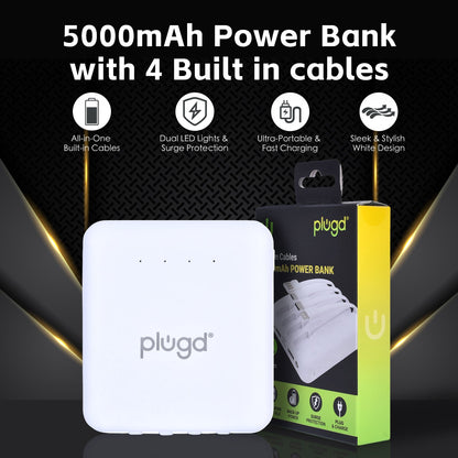 5000mAh Portable Power Bank with 4 Built-in Cables & LED Light