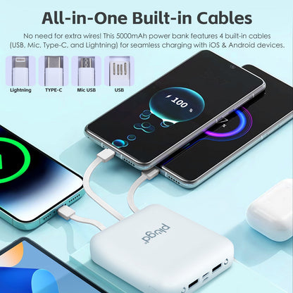 5000mAh Portable Power Bank with 4 Built-in Cables & LED Light