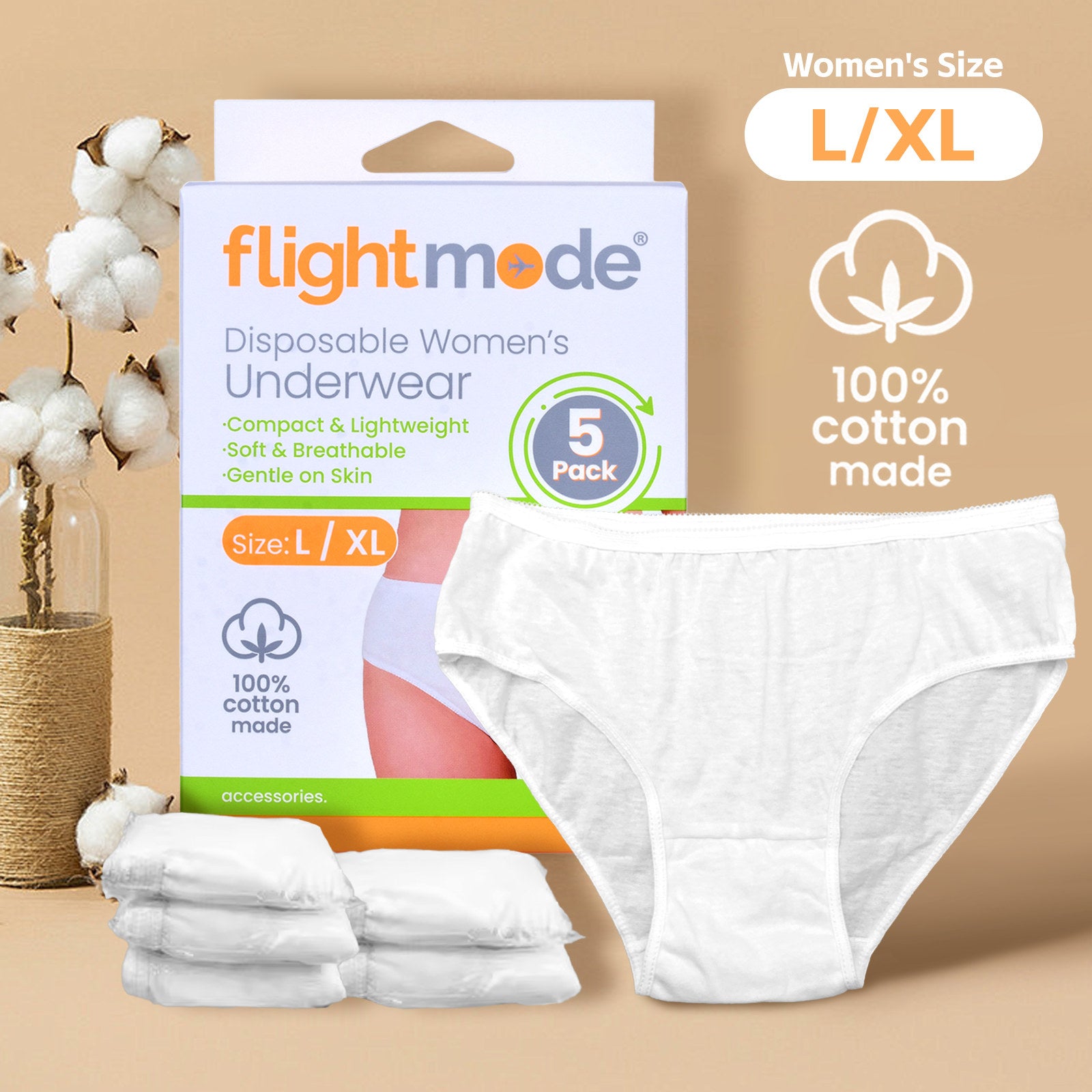 Flightmode Women's Disposable Underwear, 100% Cotton, L/XL, 5 Pcs, Hygienic & Lightweight - SuperSaverAU - view 2