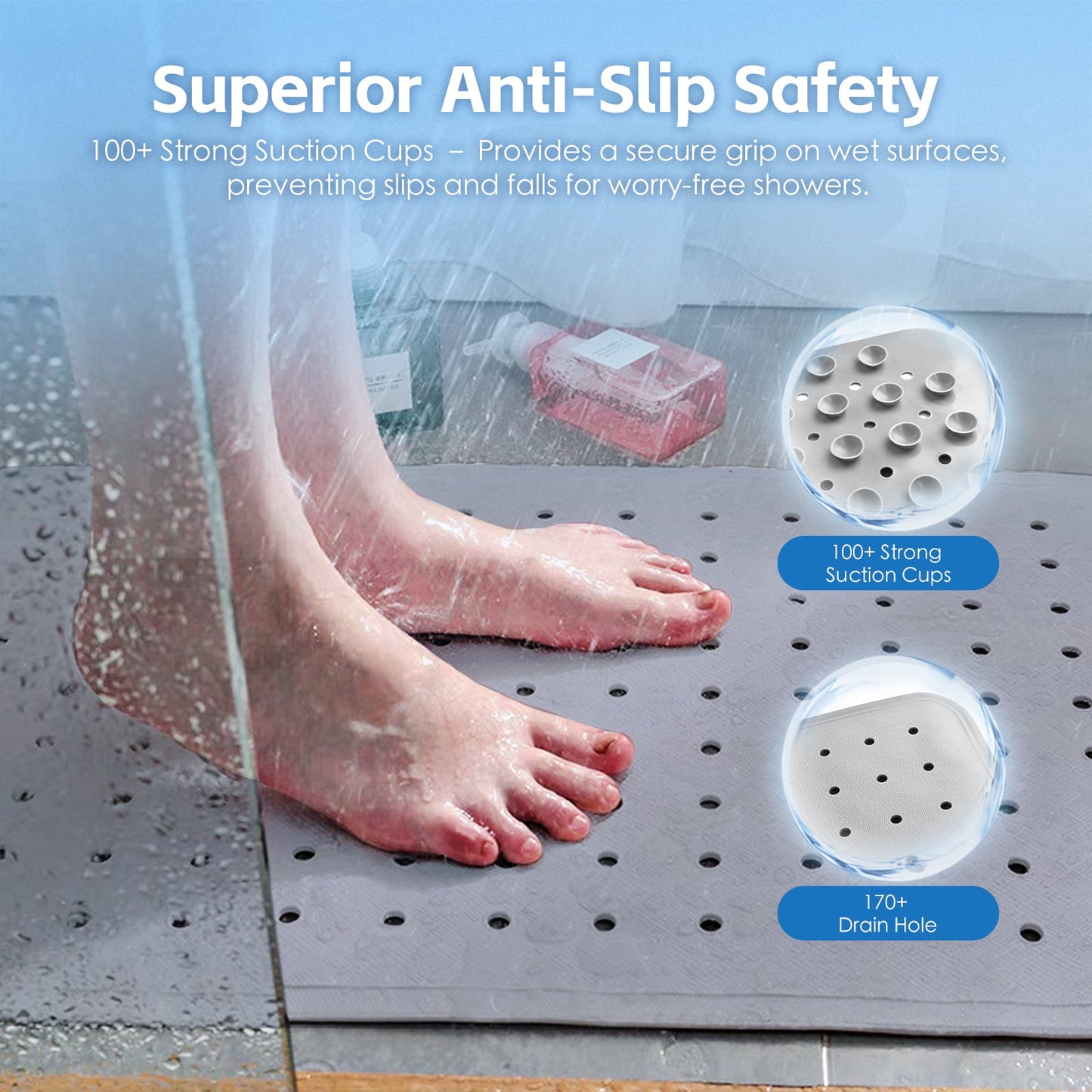 2-Pack Anti-Slip Grip Shower Mat 70×40 cm with 100+ Suction Cups, Quick-Dry