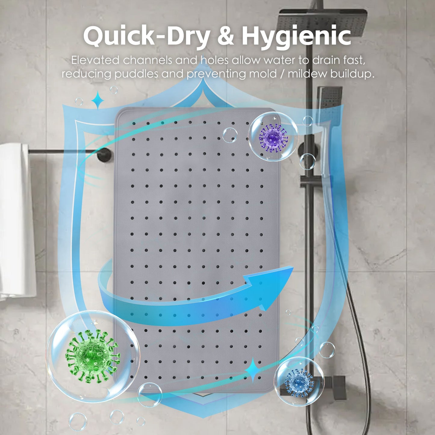 2-Pack Anti-Slip Grip Shower Mat 70×40 cm with 100+ Suction Cups, Quick-Dry
