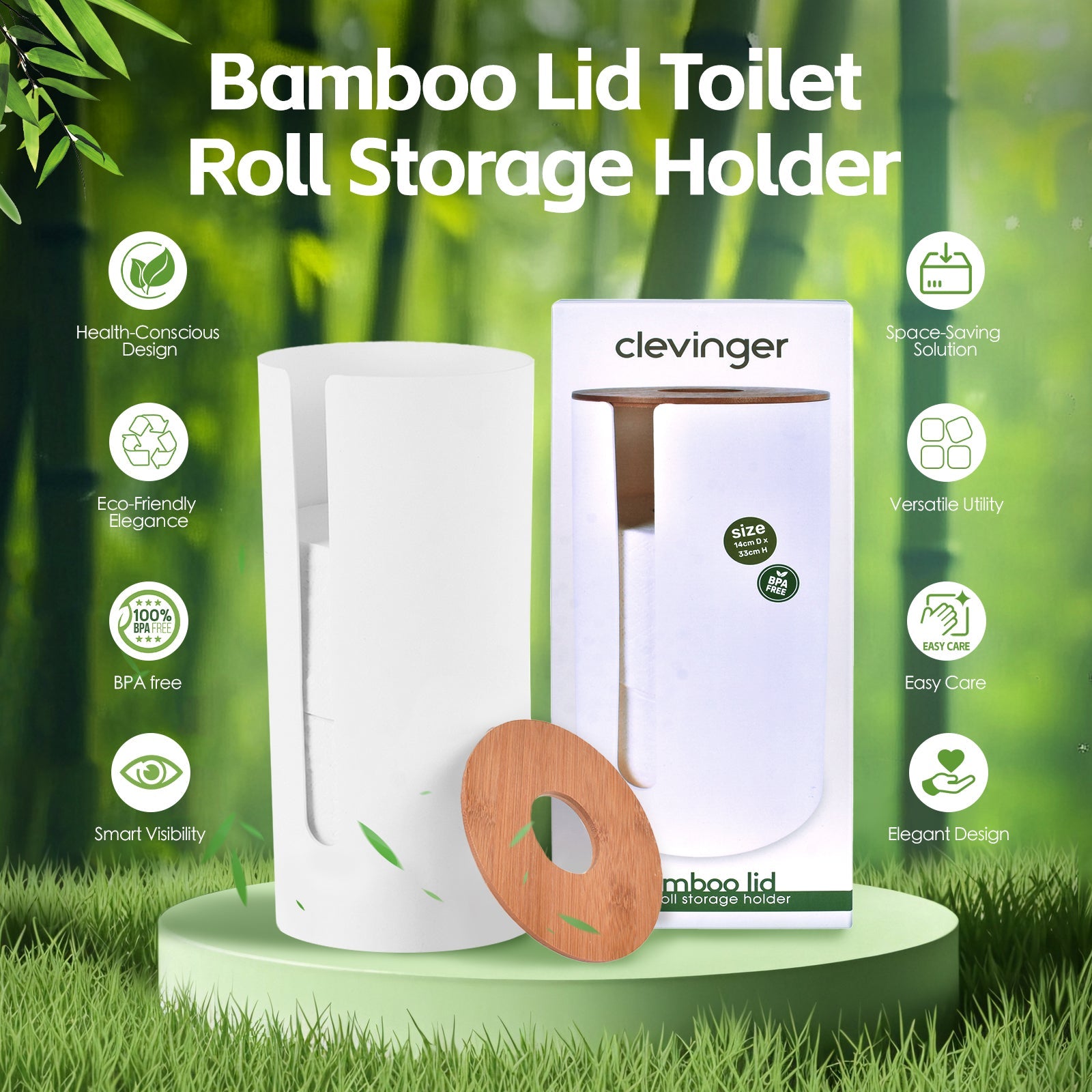 Bamboo Lid Toilet Roll Storage Holder - Eco-Friendly, 14 x 14 x 33cm - SuperSaverAU - view 1