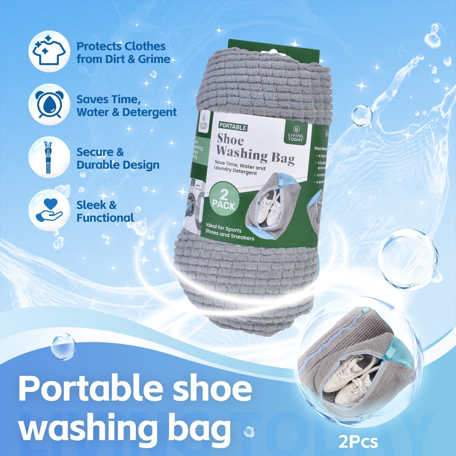 2Pcs Portable Shoe Washing Bag - Large Size 38cm x 19cm x 19cm, Durable Zipper - SuperSaverAU - view 1