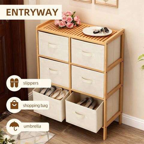 6 Drawer Bamboo Storage Chest with Fabric Drawers Bedroom Bathroom Organiser Cabinet