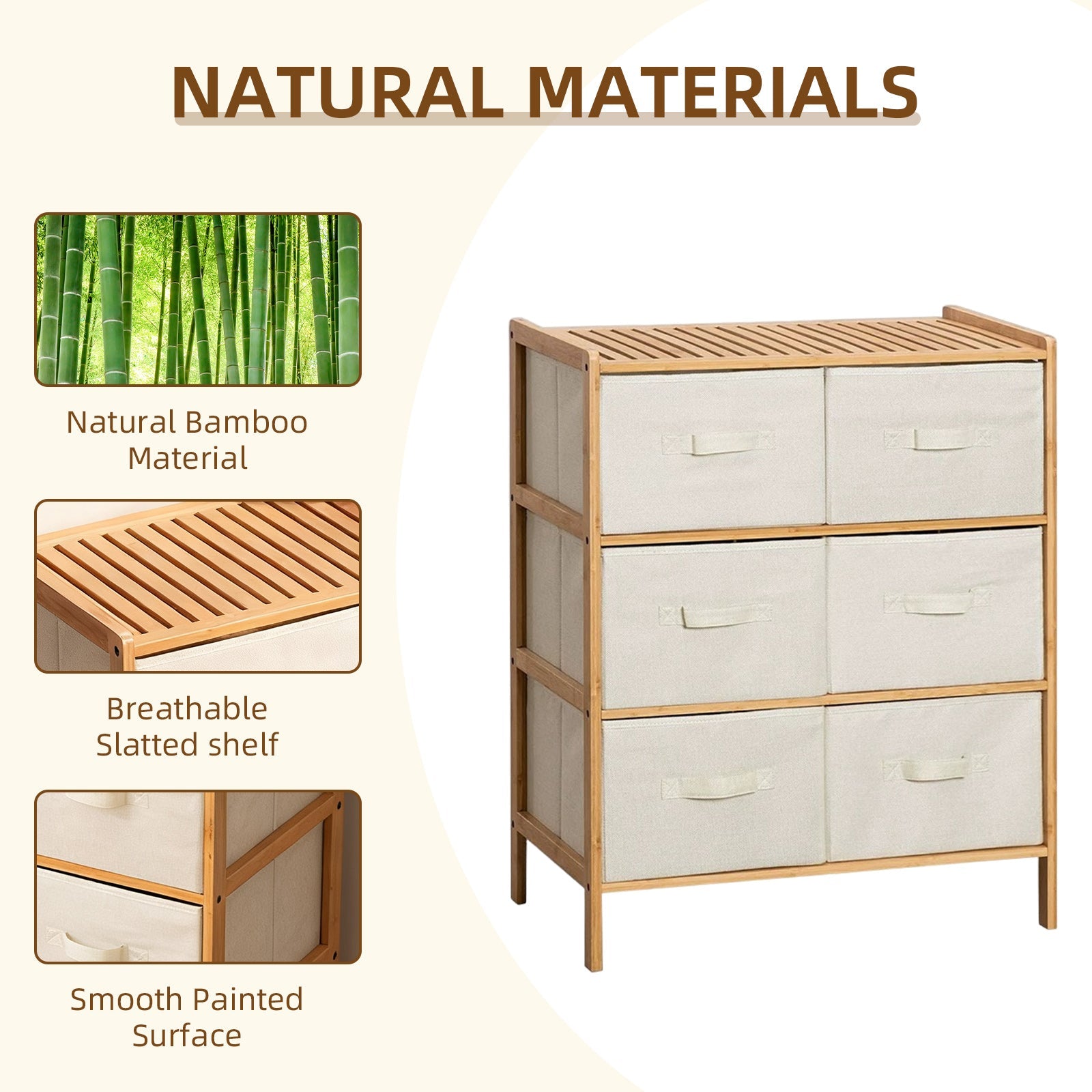 6 Drawer Bamboo Storage Chest with Fabric Drawers Bedroom Bathroom Organiser Cabinet