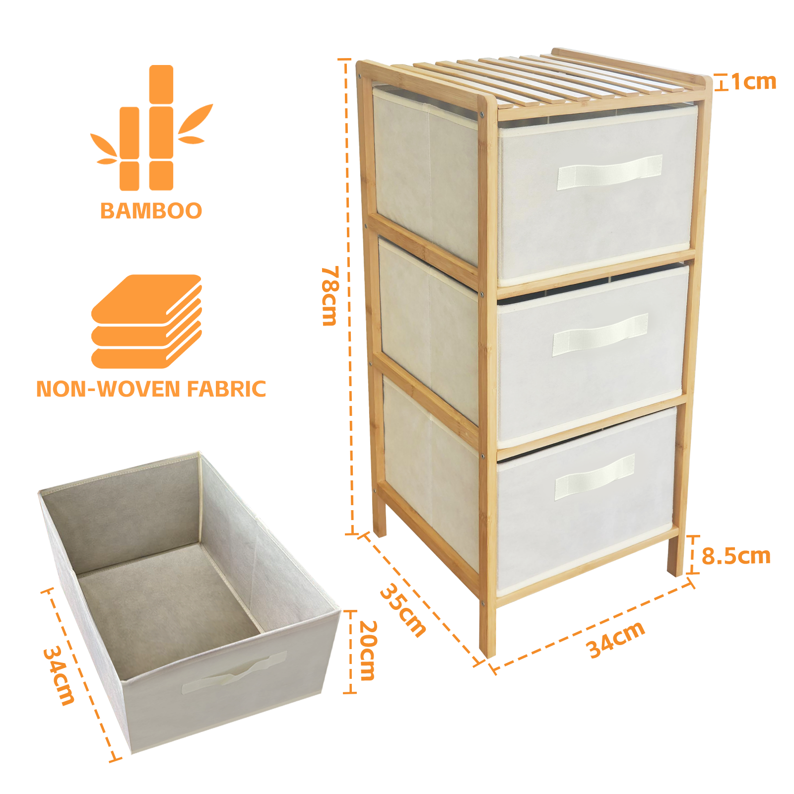 Premium 3 Drawer Bamboo Storage Chest – Natural & Beige Fabric Drawers