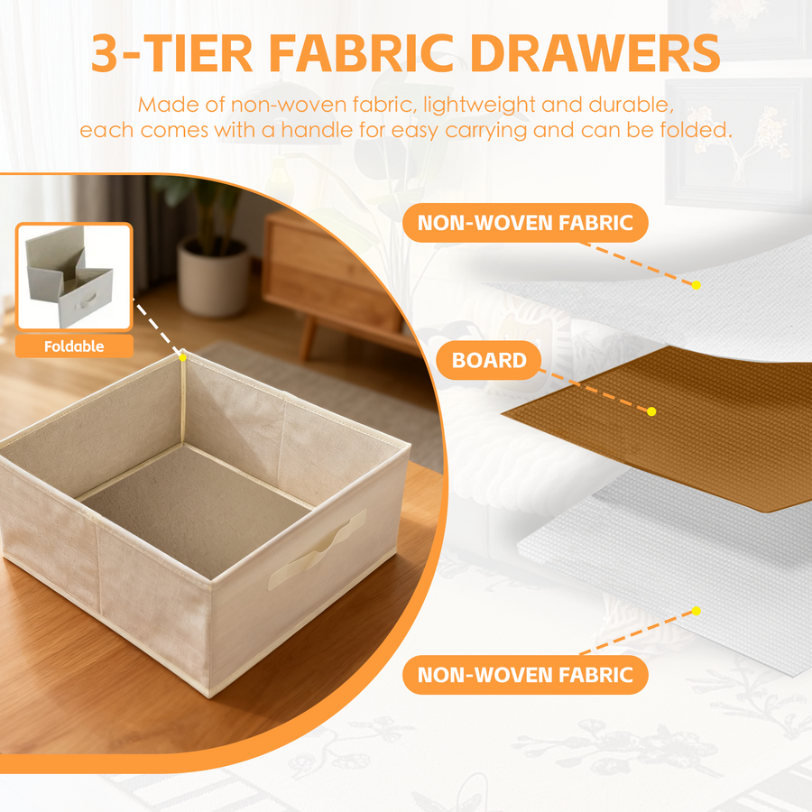 Premium 3 Drawer Bamboo Storage Chest – Natural & Beige Fabric Drawers