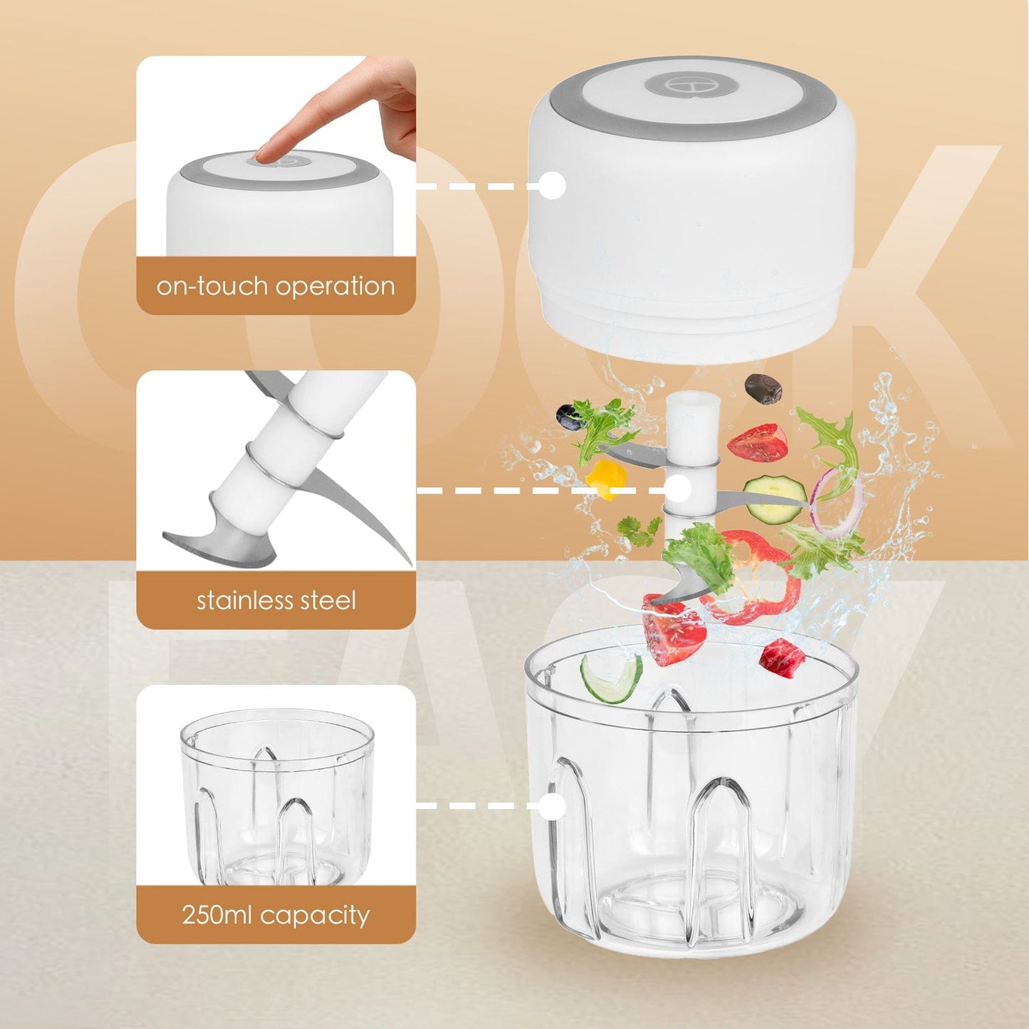 Cordless USB Rechargeable Mini Food Chopper 250ml - Easy One-Touch Operation