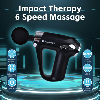 Remology Impact Therapy Massage Gun - 6 Speed with 4 Heads