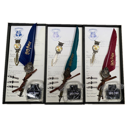 Harry Potter Vintage Feather Dip Pen Writing Set with ink Calligraphy Quill Pen Gifts - NAVY BLUE