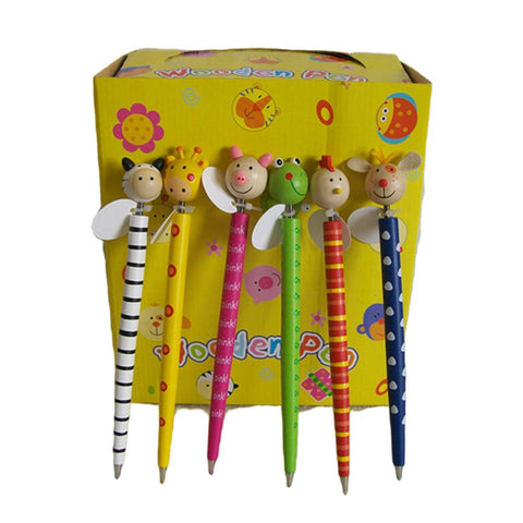 Premium Wooden Pens with Animal Toy Tips – 24 Piece Display Set