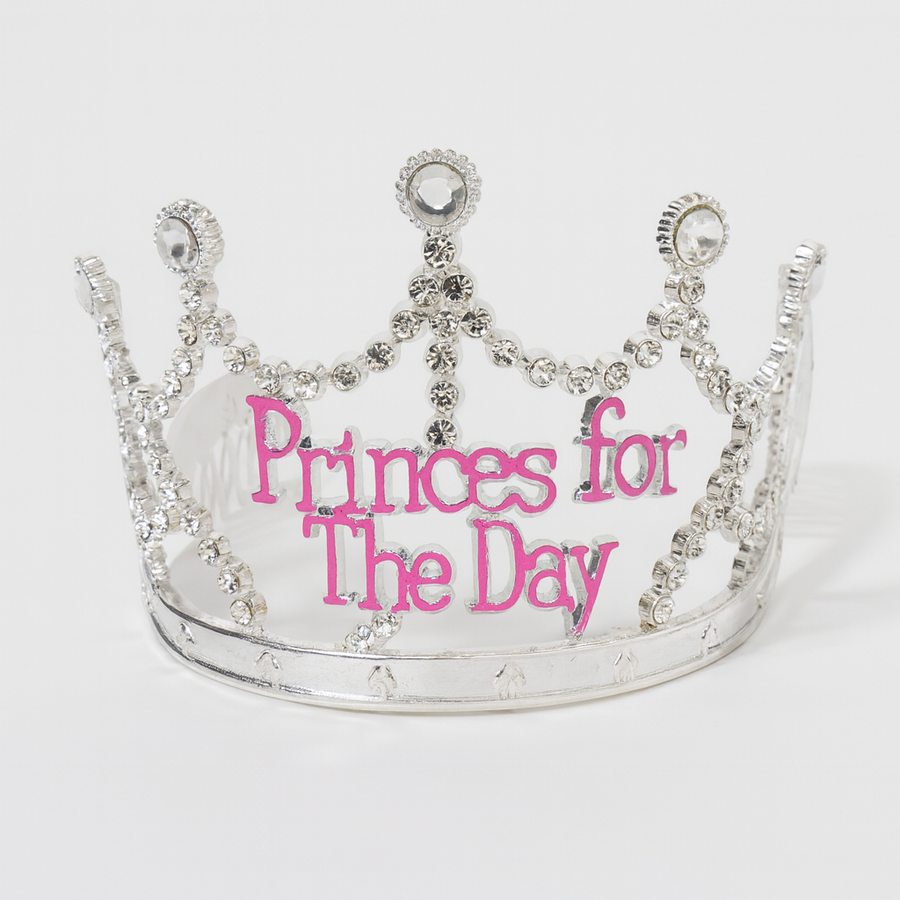 Premium Princess for the Day Silver Rhinestone Tiara with Pink Lettering
